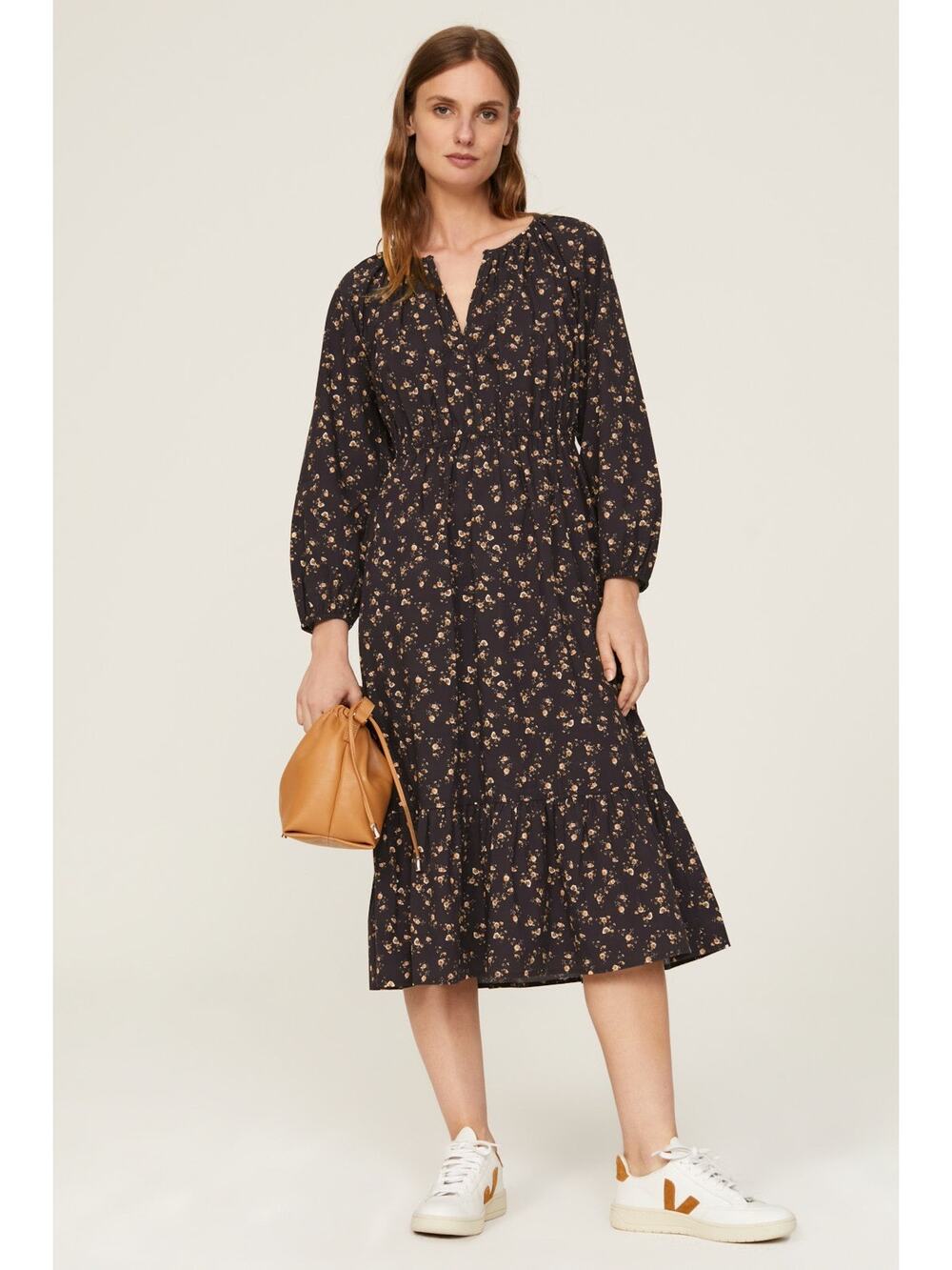 Rails Sal Black Floral Print Long Sleeve Midi Dress Size Medium